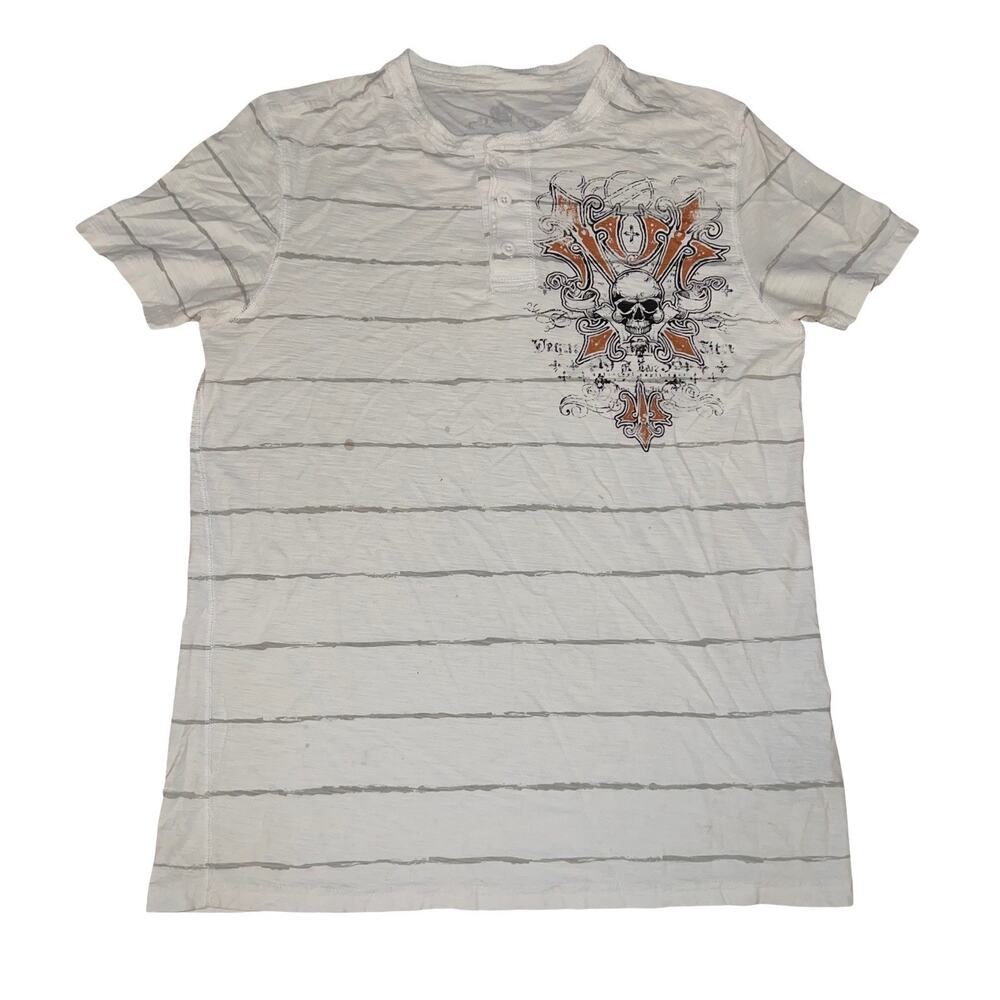 Helix White 1/4 Button Striped T Shirt L Y2K Skull Grunge Punk Goth MMA